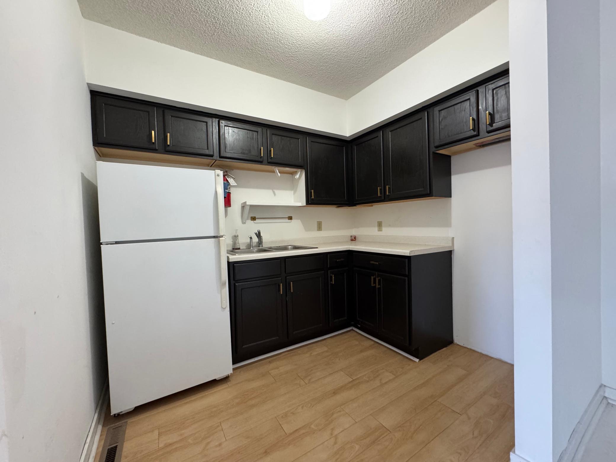 Compact kitchen with dark cabinets, white counters and refrigerator, and light wood-look flooring.