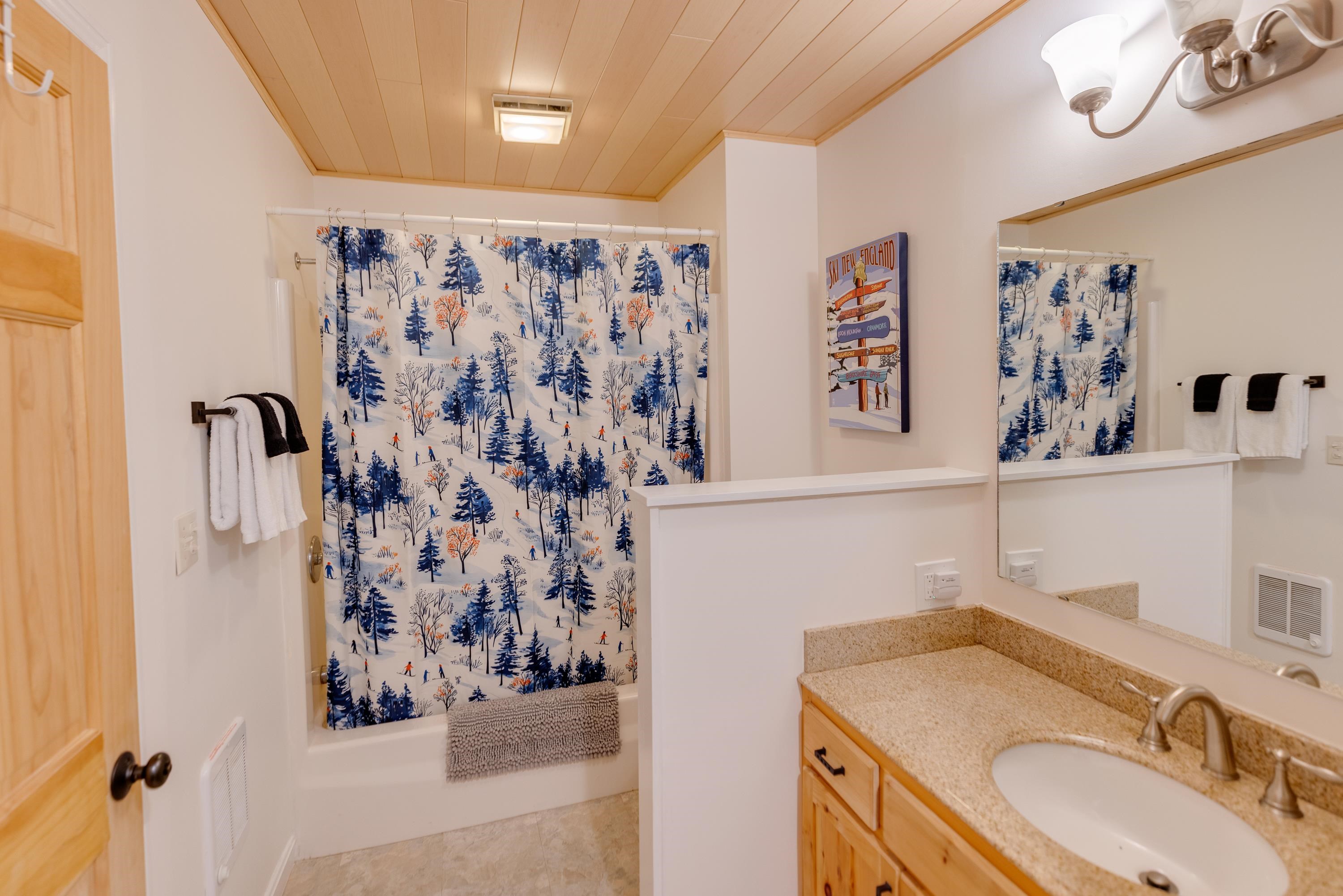 Bathroom with a granite vanity and mirror, beside a tub with a blue-and-white winter landscape curtain.