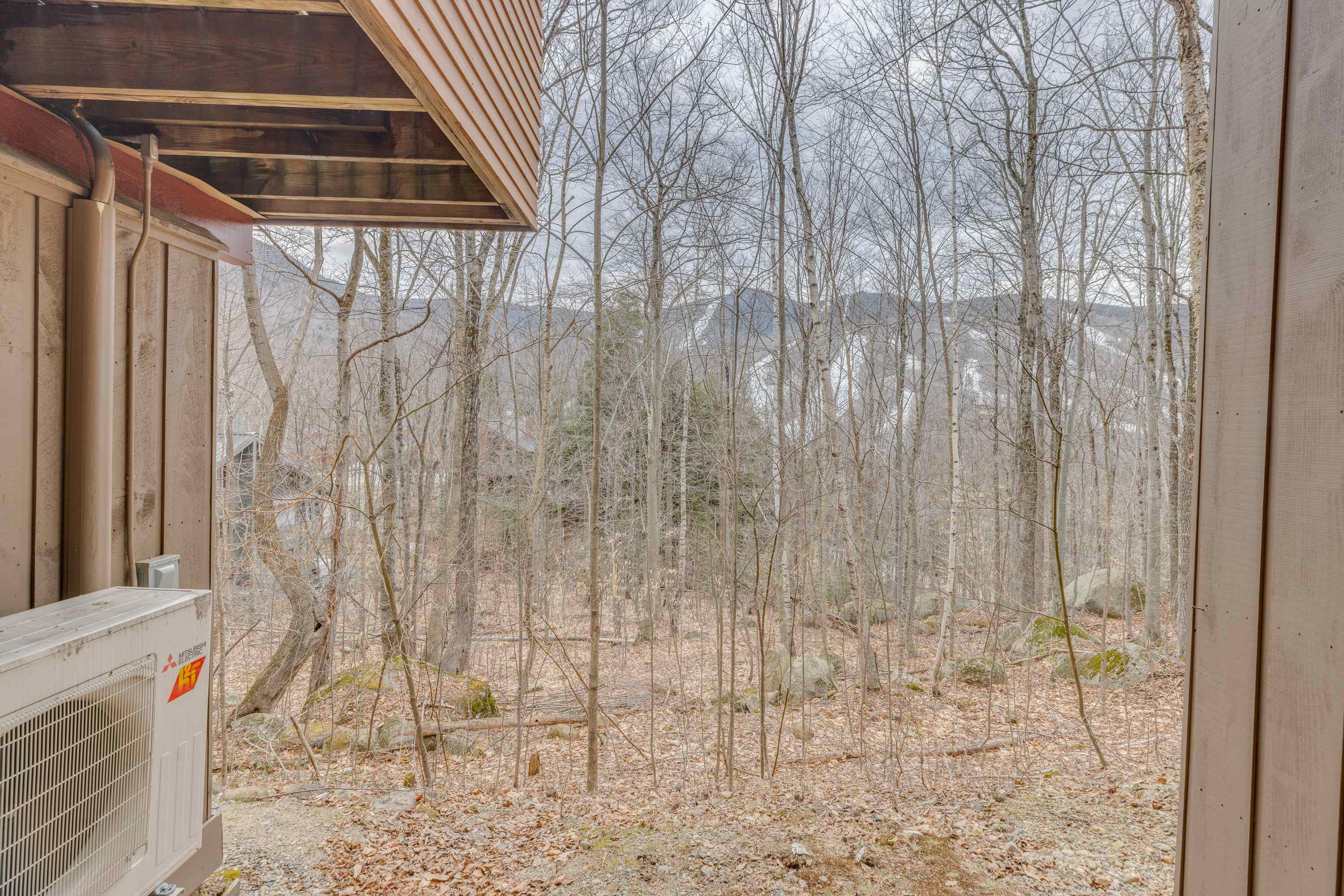 Covered porch overlooking a leaf-covered wooded slope with bare trees and a distant ridge.