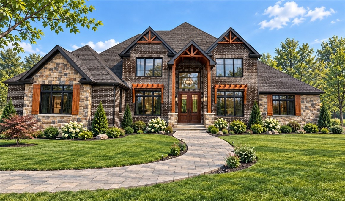 Large brick and stone home with a timber-trimmed entry and curved front walkway.