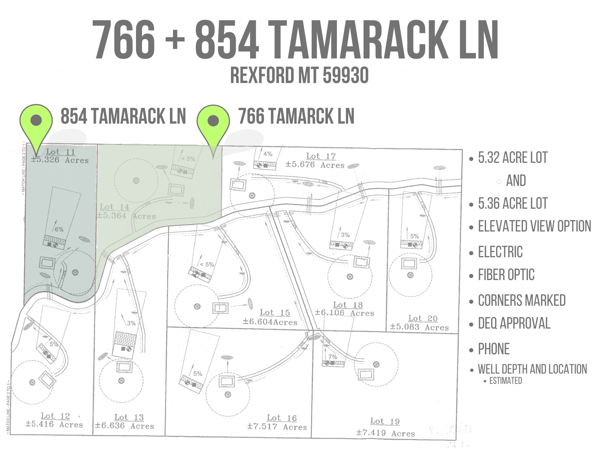 Plat map highlighting the 5.32- and 5.36-acre Tamarack Lane parcels among neighboring lots.