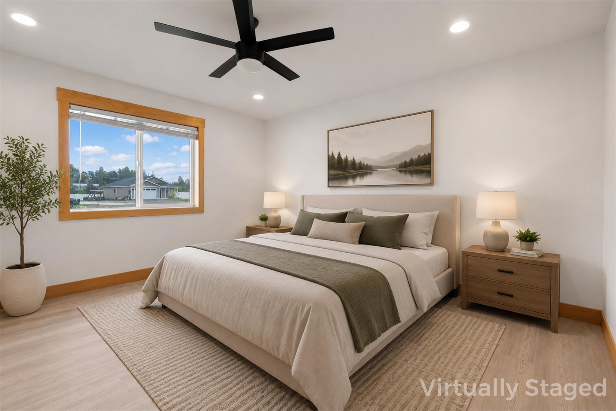 Bedroom with a neutral upholstered bed, wooden nightstands, and a large wood-trimmed window.