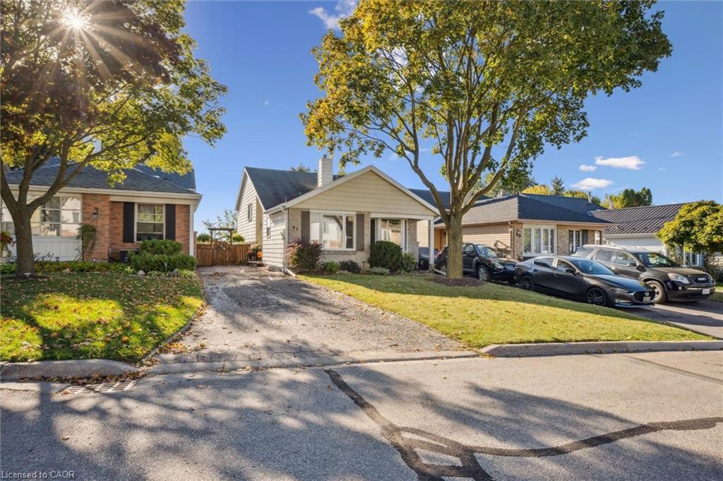 Single-story bungalow with a broad driveway, framed by mature autumn trees.