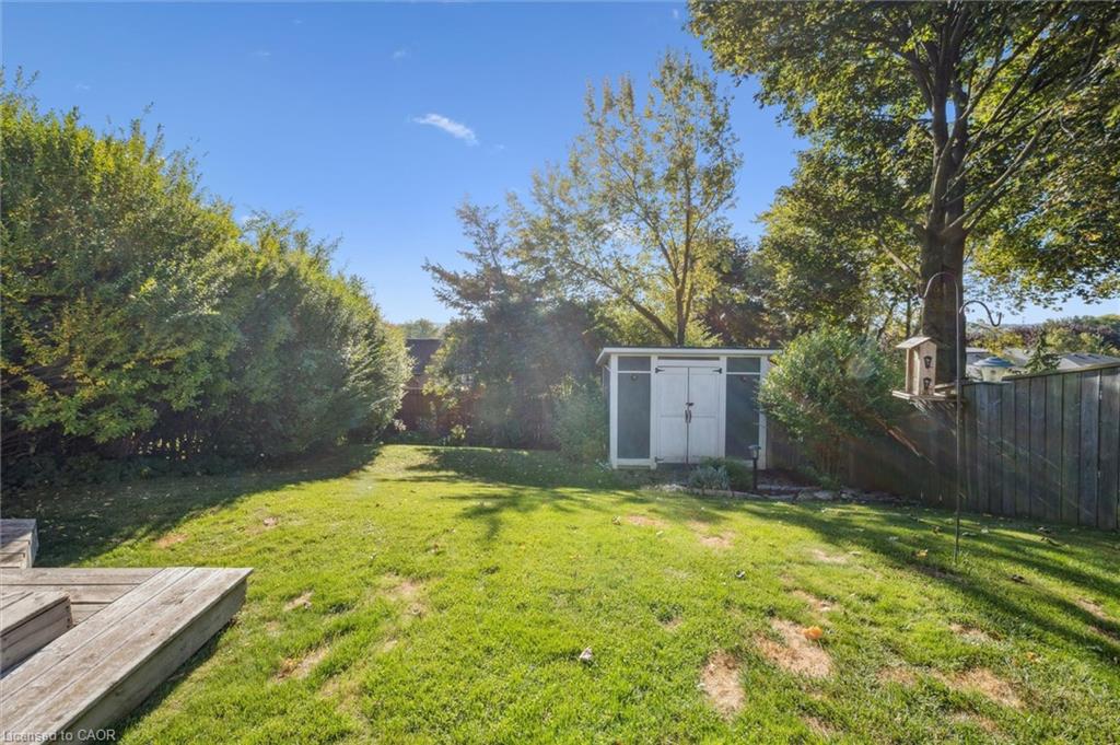 Backyard lawn with a gray storage shed, mature trees, and a wooden deck.