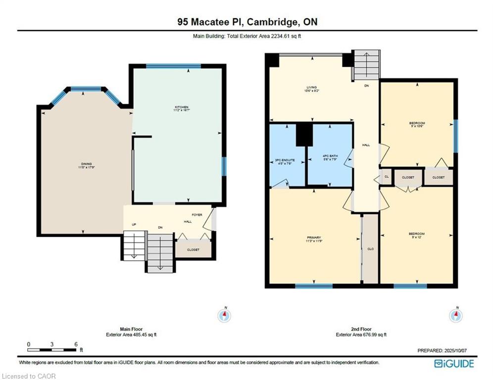 Two-level floor plan showing the main-floor kitchen and dining room and three second-floor bedrooms.