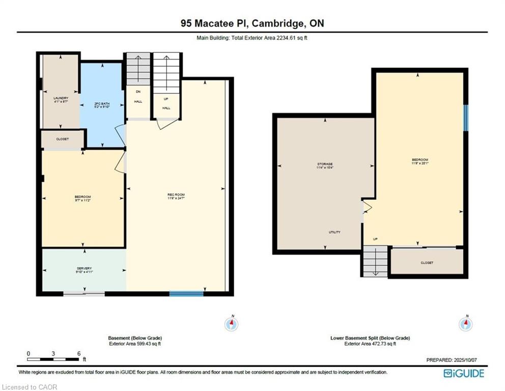 Basement floor plan showing bedrooms, recreation room, laundry, and a lower split level with storage and utility room.