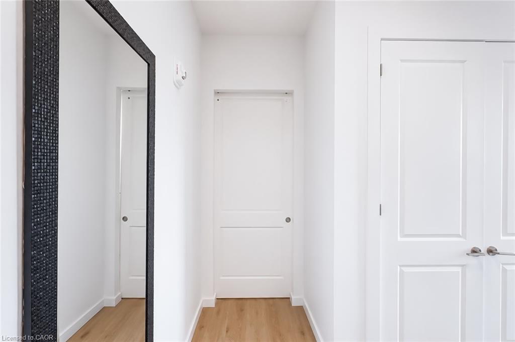 Bright condo entry hall with a tall black-framed mirror and light wood flooring.