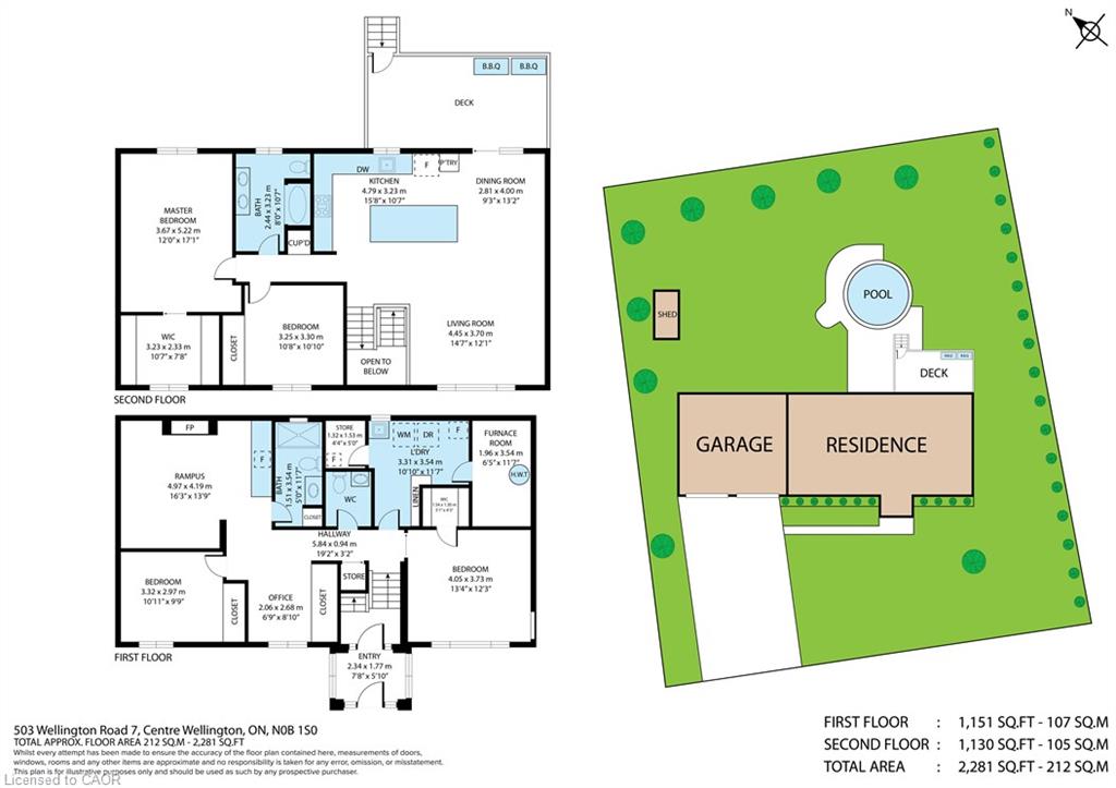 Two-story floor plan and site plan showing the house layout, garage, pool, deck, and shed.