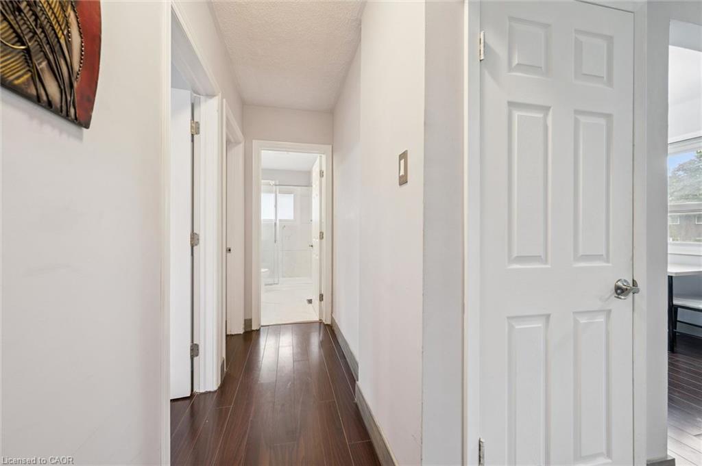 Hallway with dark flooring, white walls, and a paneled door in the foreground.