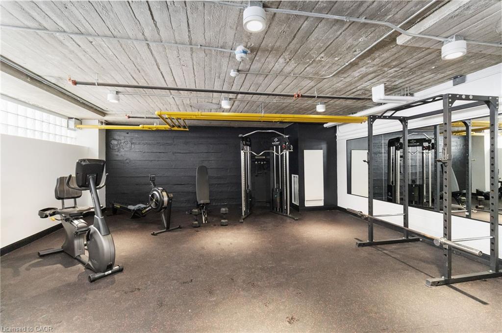 Building gym with strength-training equipment, cardio machines, and mirrored walls.