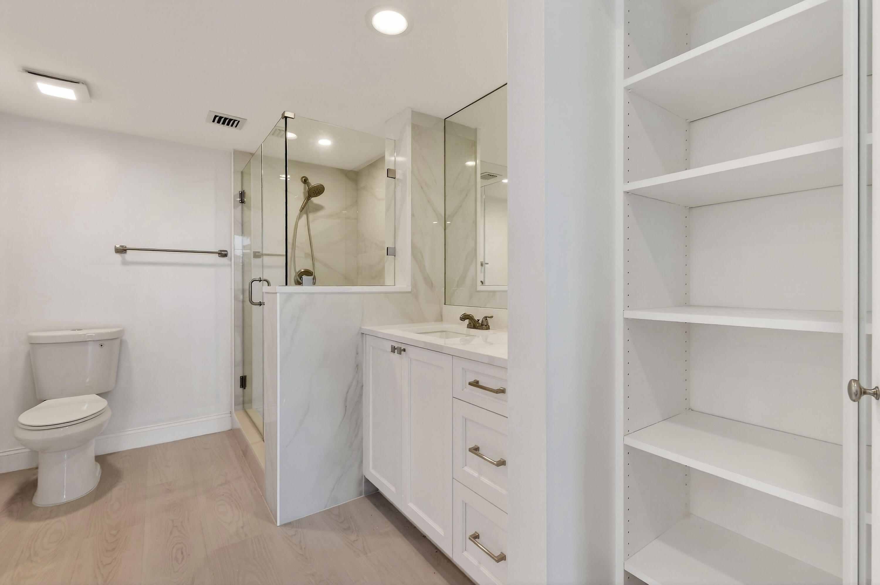 Bathroom with a glass shower, white vanity, toilet, and built-in open shelving.