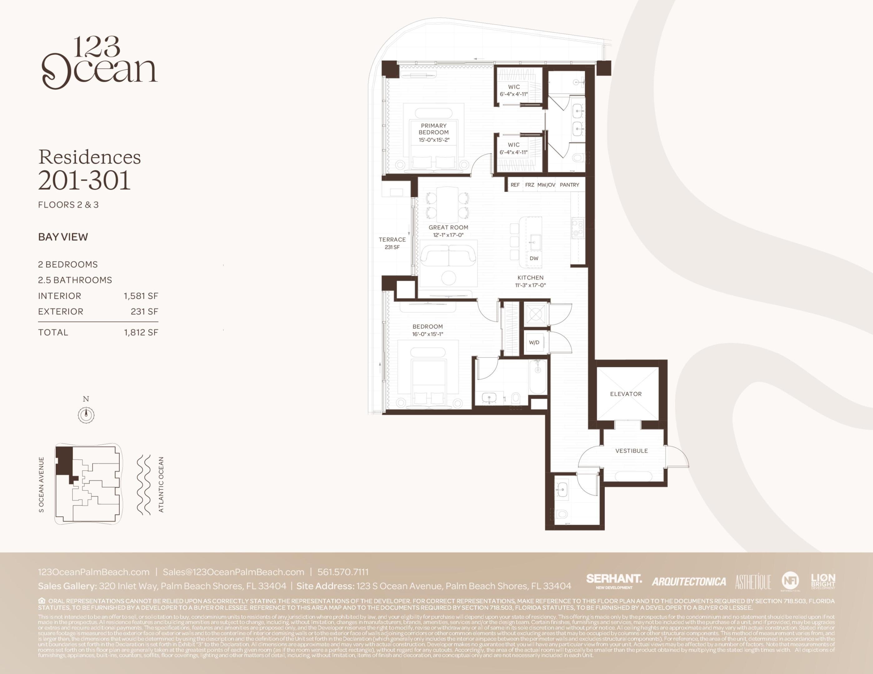 Floor plan for residences 201–301 at 123 Ocean, showing a two-bedroom bay-view layout.
