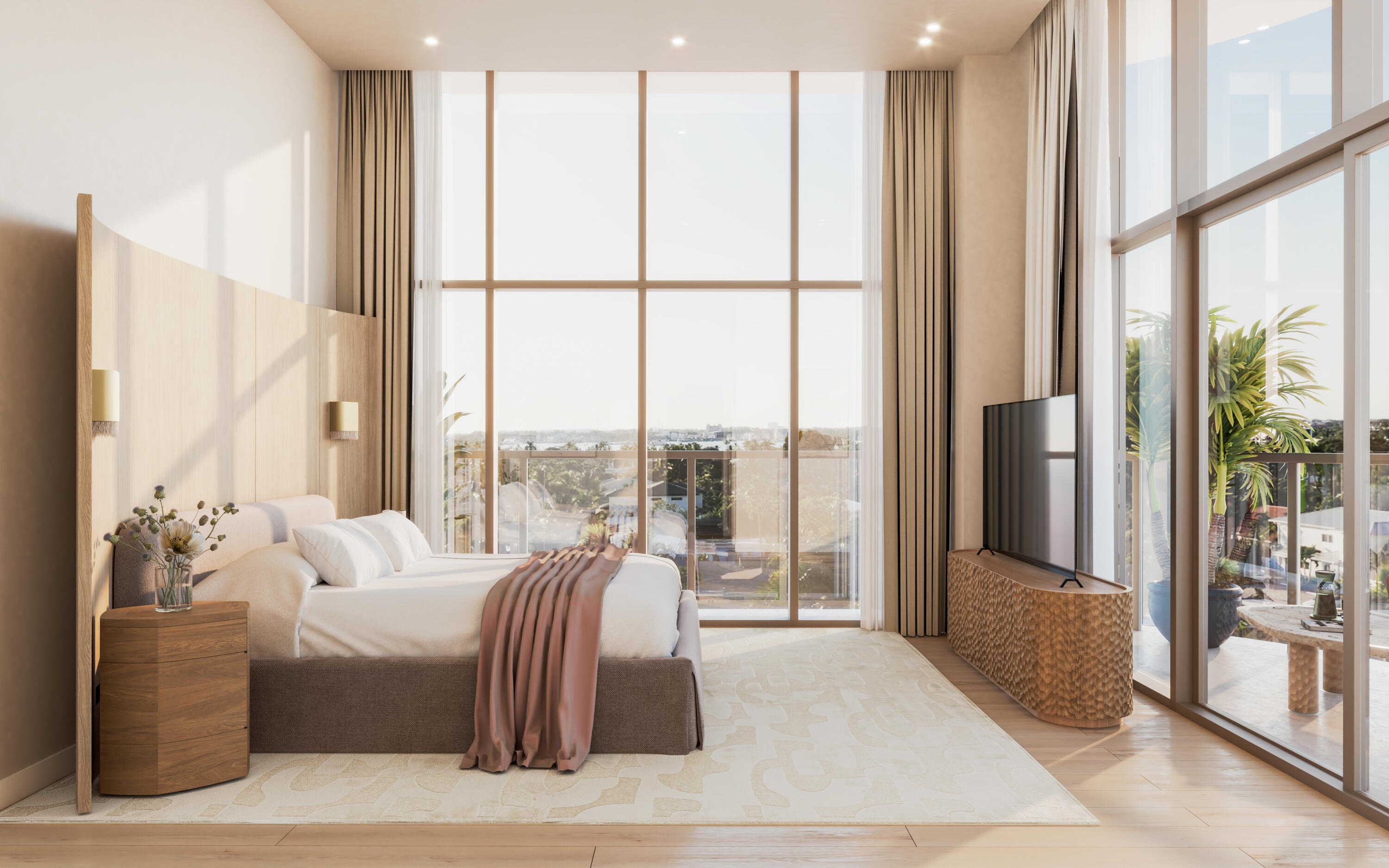 Bedroom with a neatly made bed and floor-to-ceiling windows overlooking a balcony.