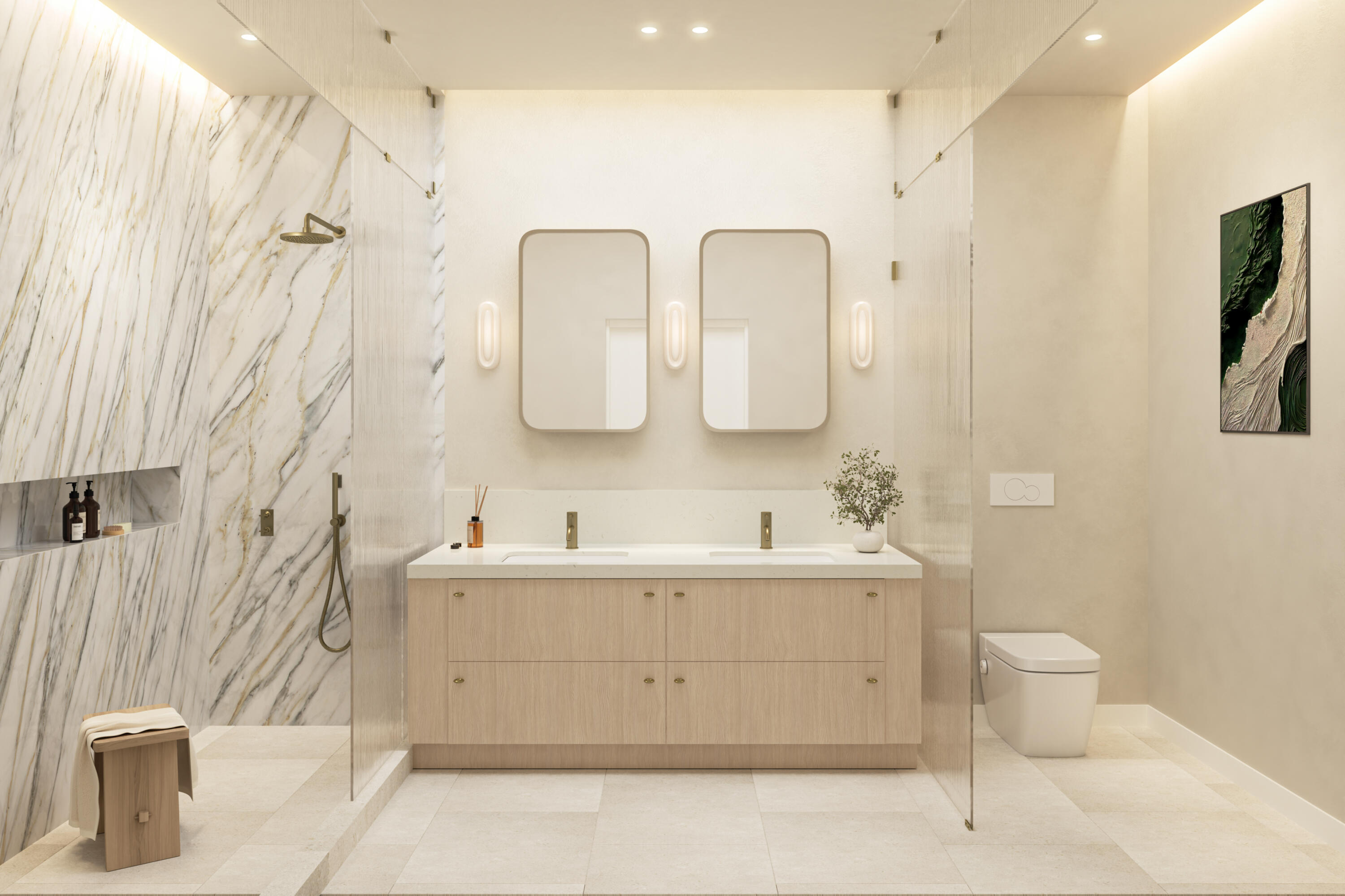 Modern bathroom with a double vanity, veined marble shower walls, and glass panels.