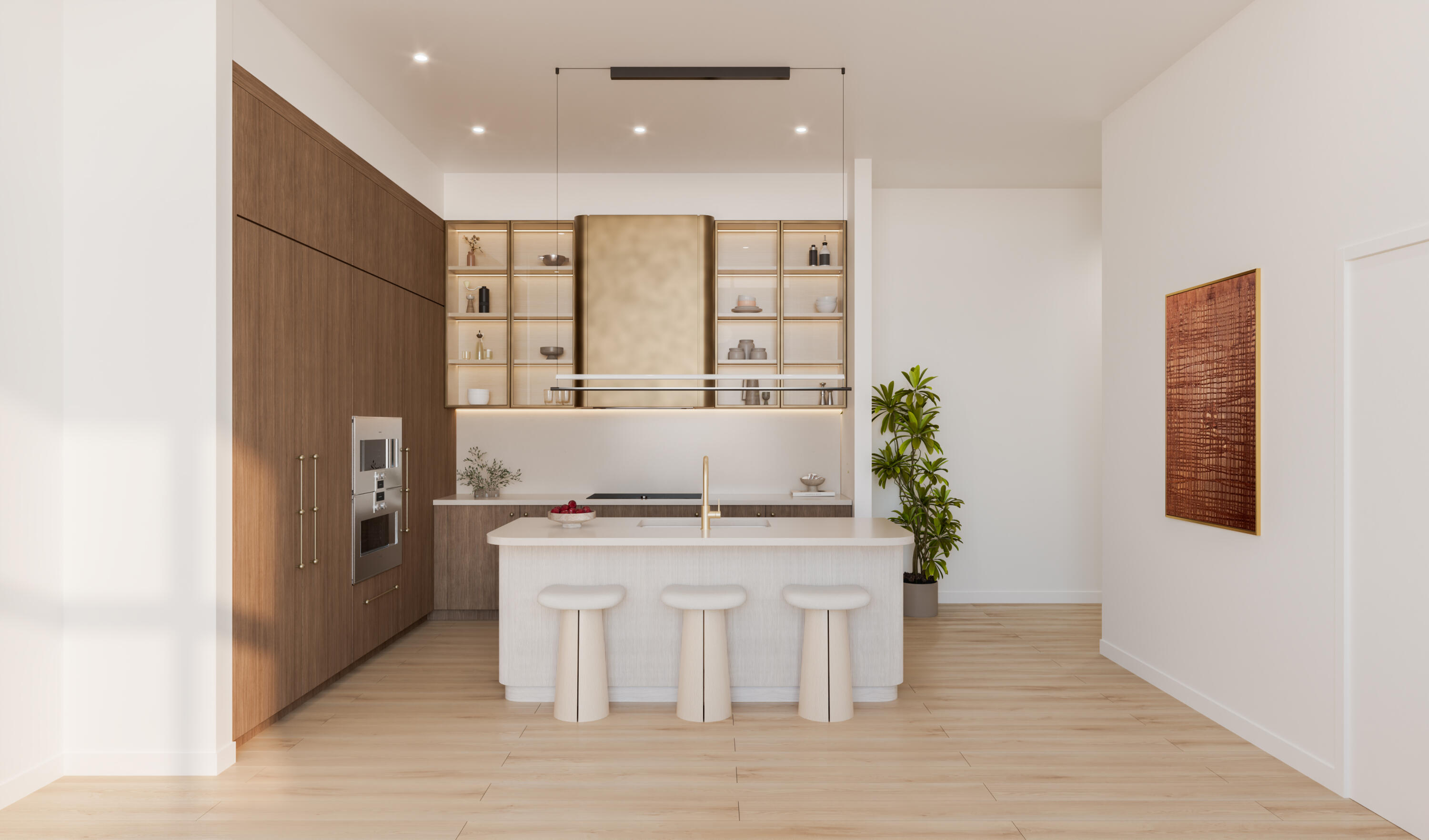 Modern kitchen with warm wood cabinetry, illuminated shelving, and a white island with three stools.