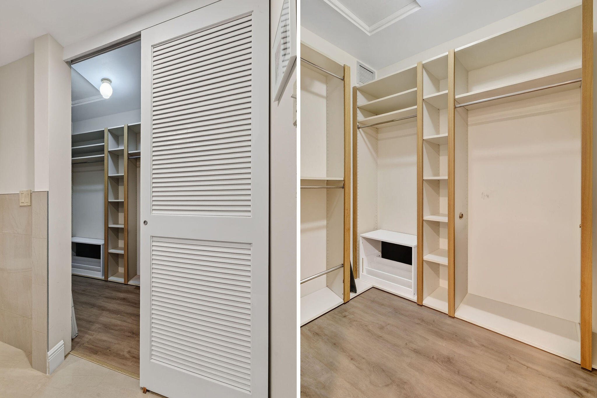 Walk-in closet with built-in shelves, hanging rods, and wood-look flooring.
