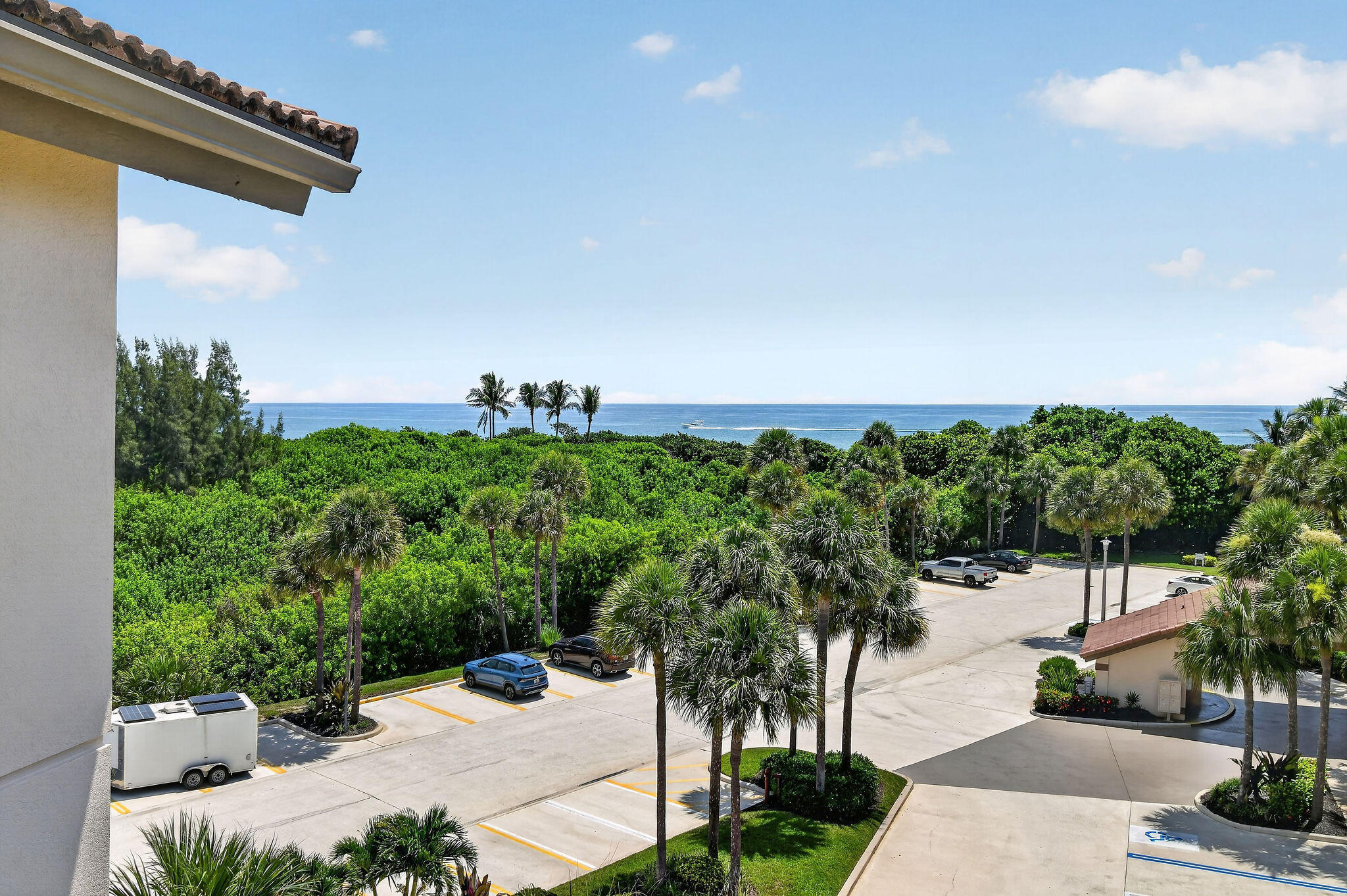 Ocean view beyond coastal greenery and palm-lined parking areas, seen from beside the building.