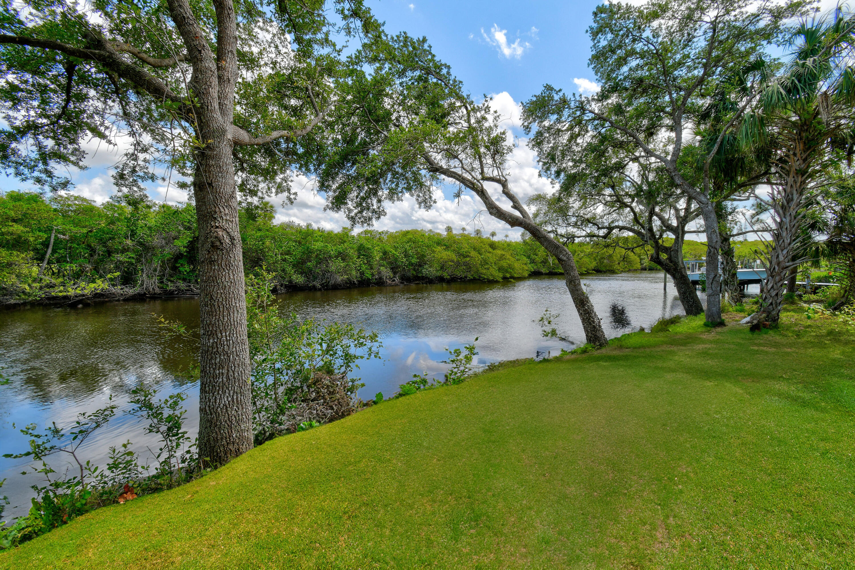 Waterfront lawn beside a calm river, framed by mature trees with a dock on the right.