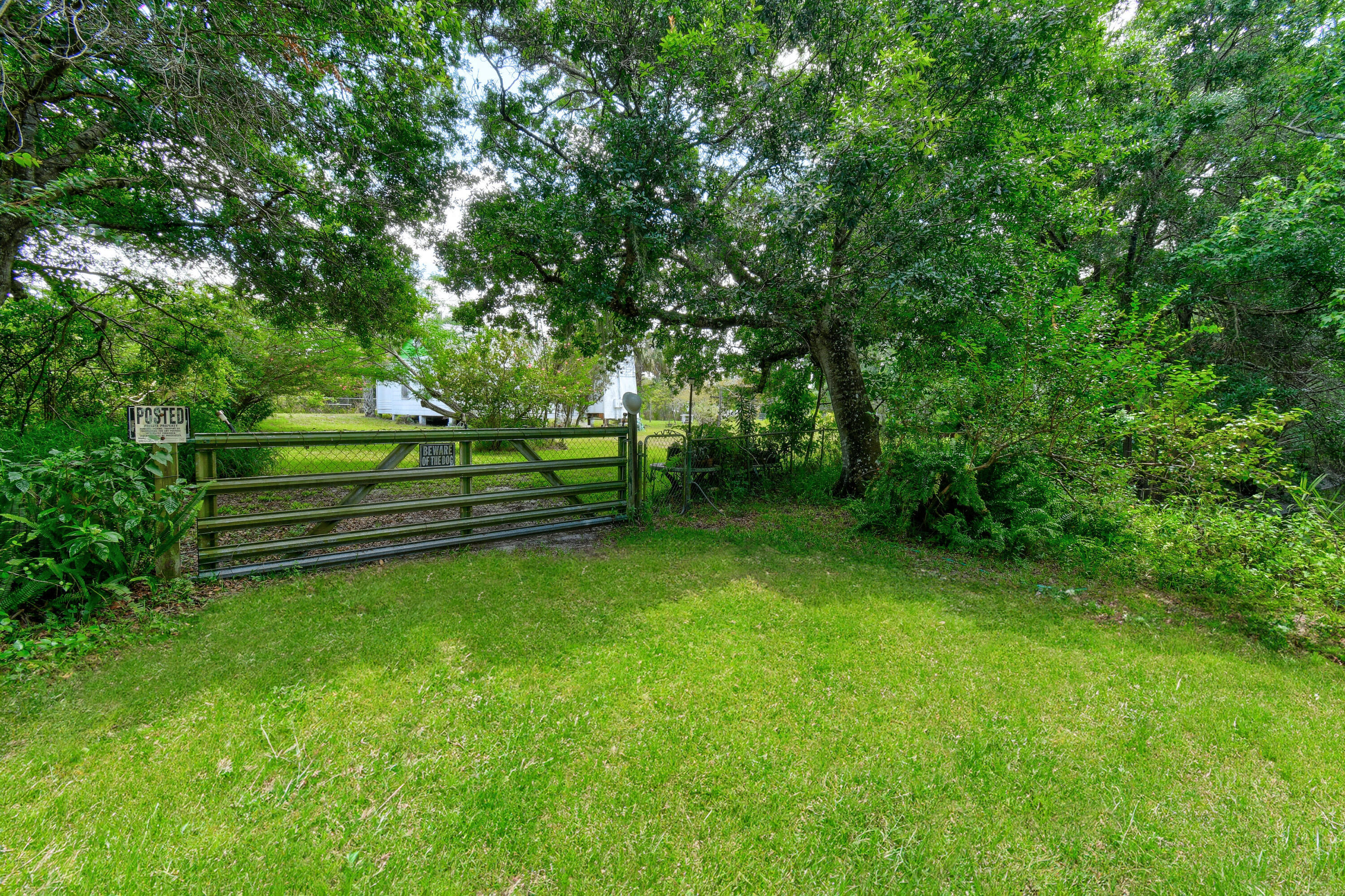 Grassy yard and gated entrance shaded by dense trees, with a white structure partly visible beyond the gate.