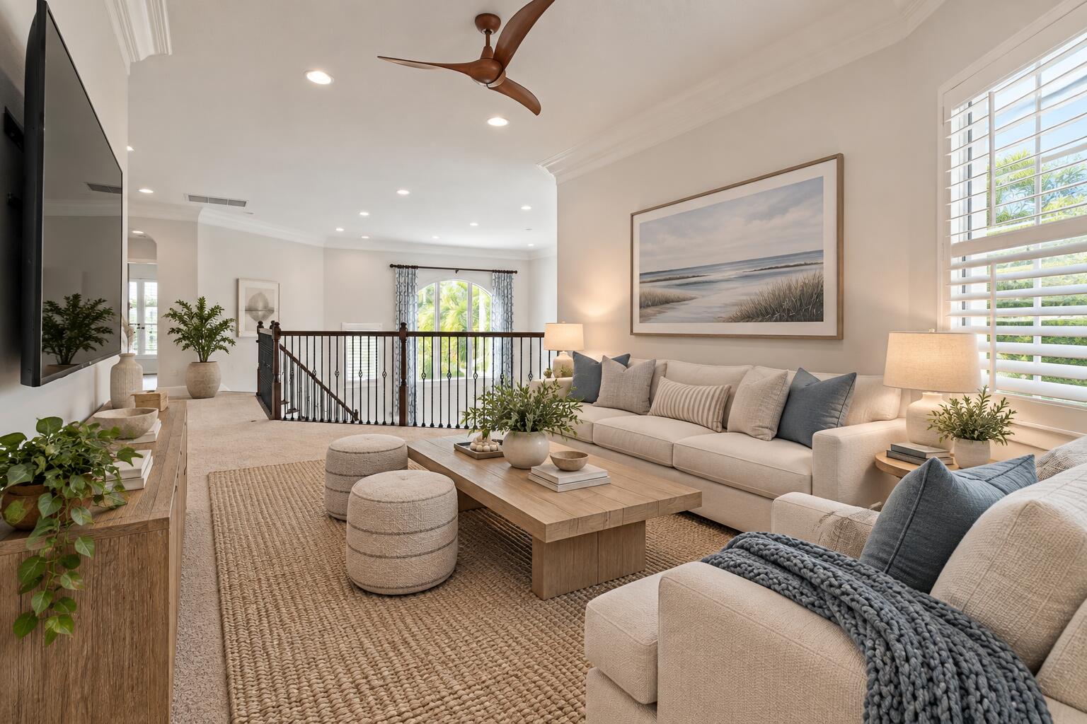 Furnished living room with a cream sectional, wood coffee table, and open stair railing.