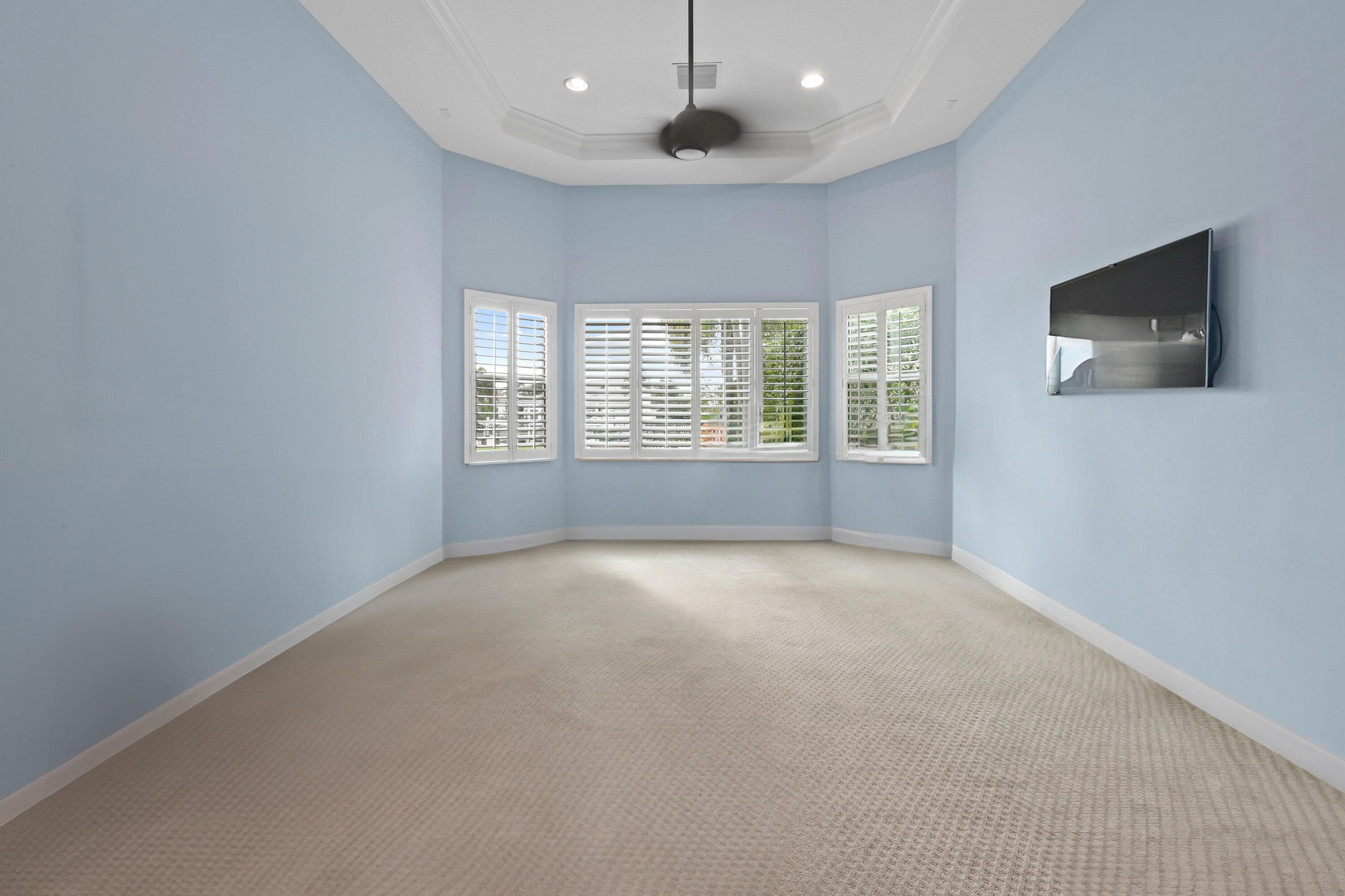 Empty blue bedroom with carpet, shuttered windows, a tray ceiling, and a wall-mounted television.
