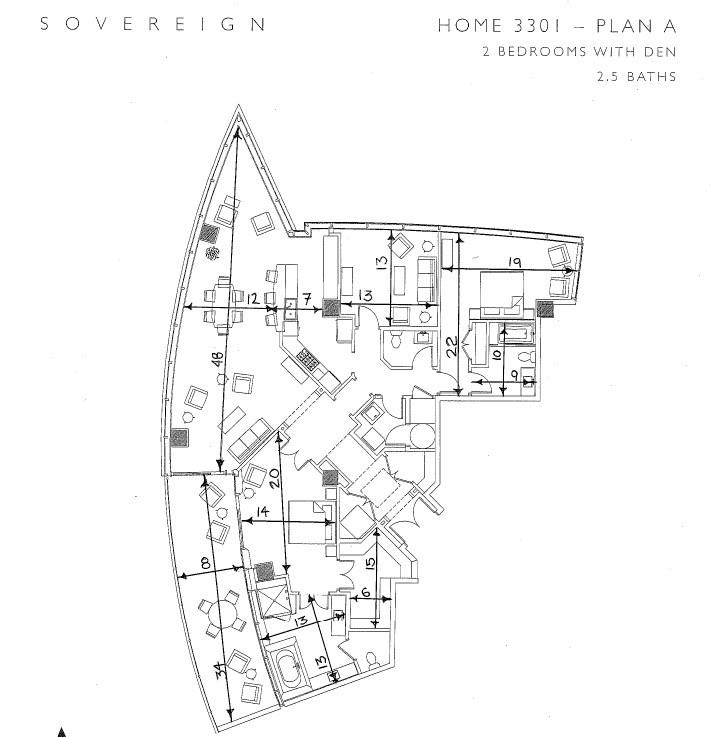 Floor plan for Home 3301, Plan A, a two-bedroom residence with den and 2.5 baths.