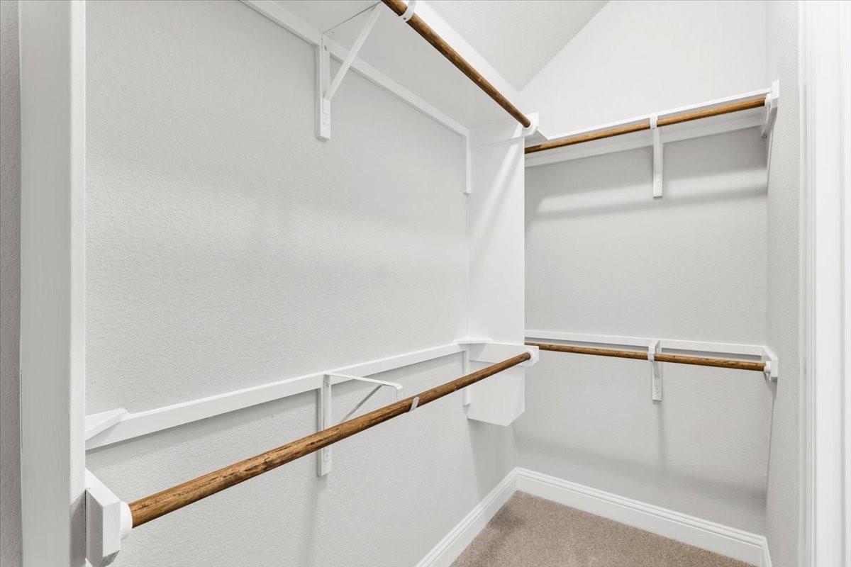 Empty walk-in closet with wooden hanging rods, white shelving, and beige carpet.