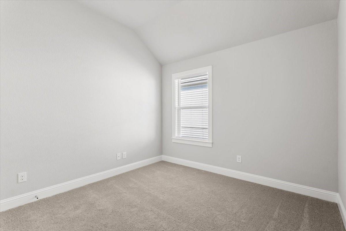 Empty bedroom with beige carpet, gray walls, and a window with blinds.