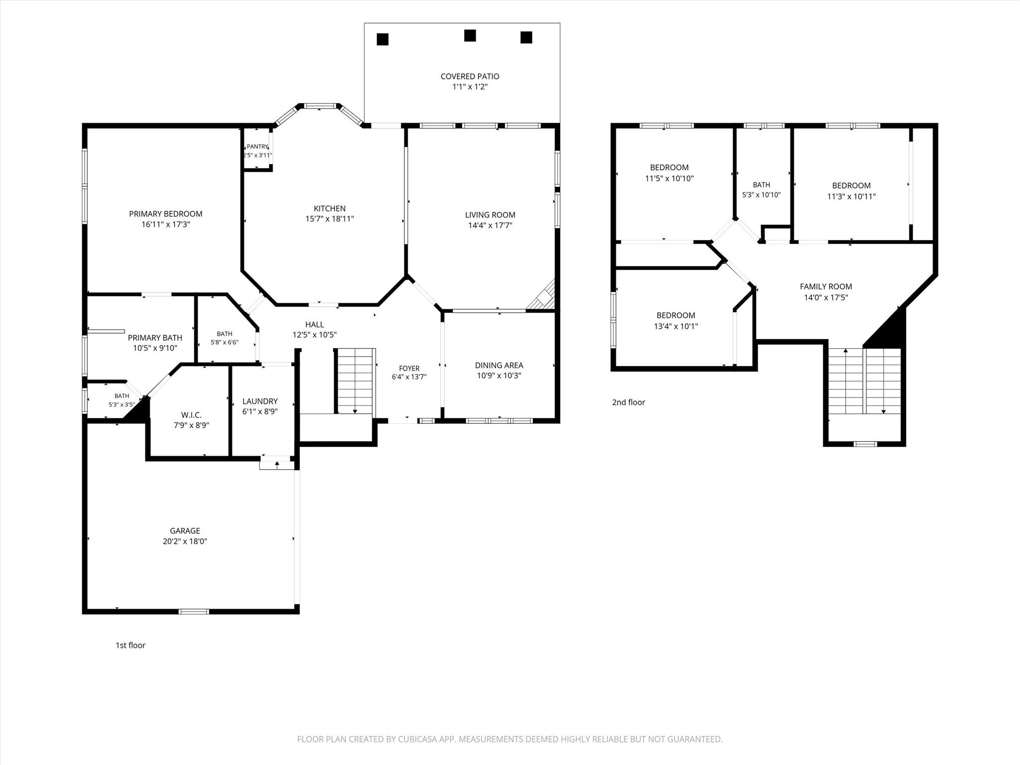 Two-story floor plan with labeled rooms and dimensions, including a first-floor primary suite and second-floor family room.