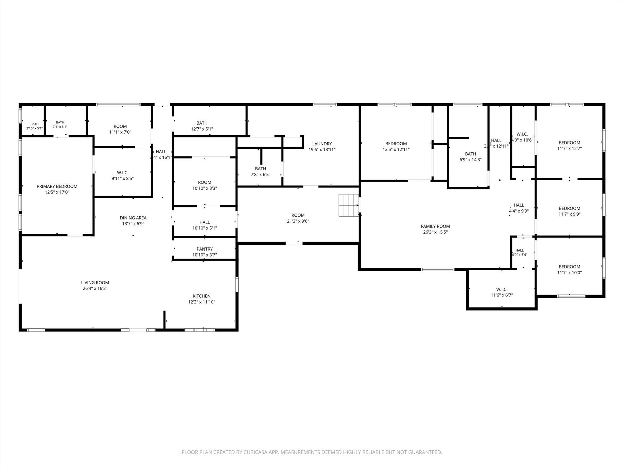 Floor plan showing a primary suite, multiple bedrooms and baths, living and family rooms, kitchen, and laundry.