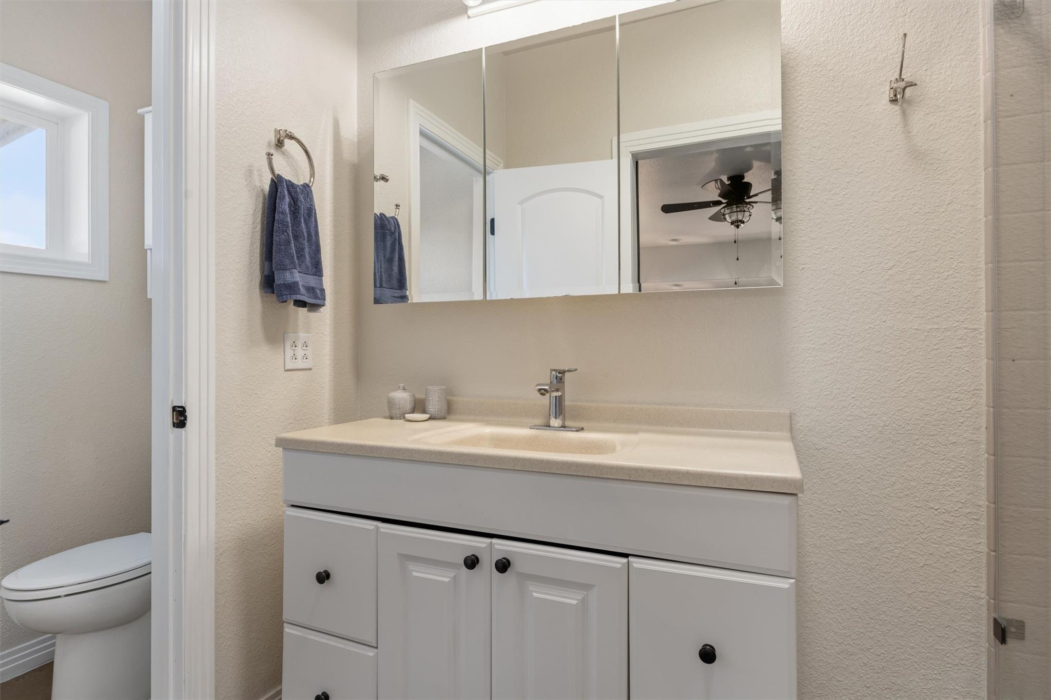 Bathroom vanity with a wide mirrored cabinet, blue hand towel, and toilet visible through the doorway.