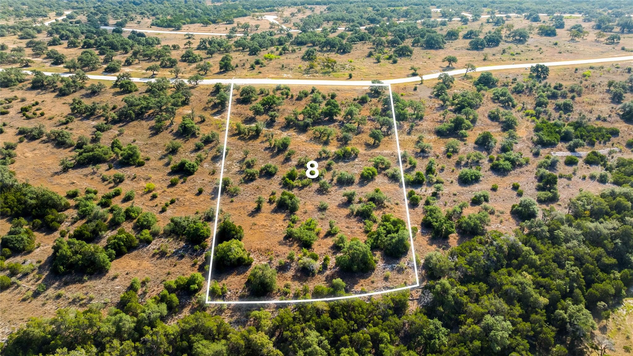Aerial view of vacant Lot 8, outlined in white amid dry grass and scattered trees beside a paved road.