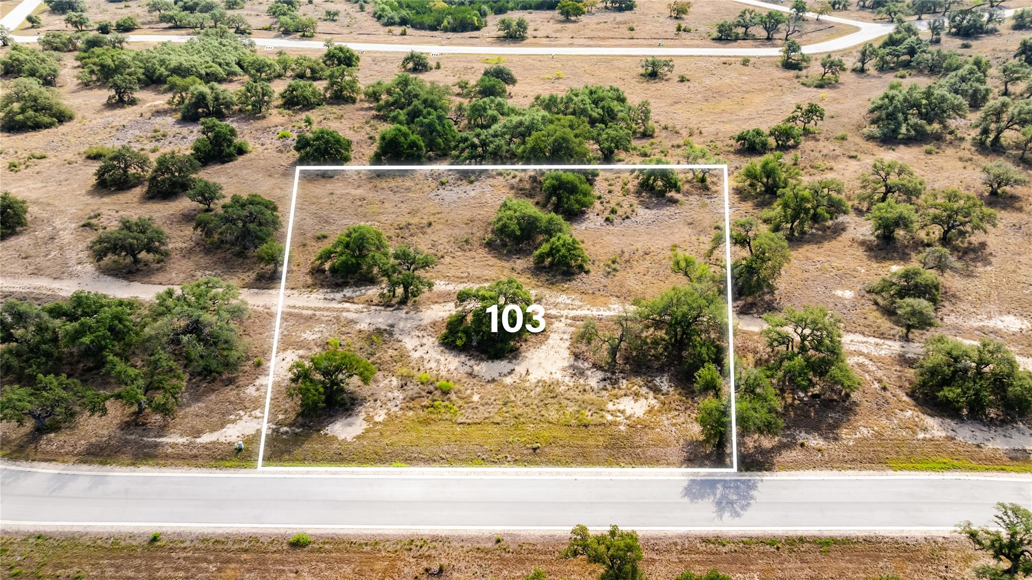 Aerial view of vacant Lot 103 outlined beside a paved road, with scattered trees and brush.
