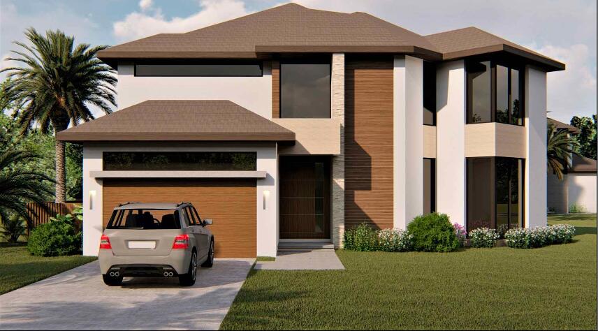 Modern two-story home with wood-look accents, a garage, and a car in the driveway.