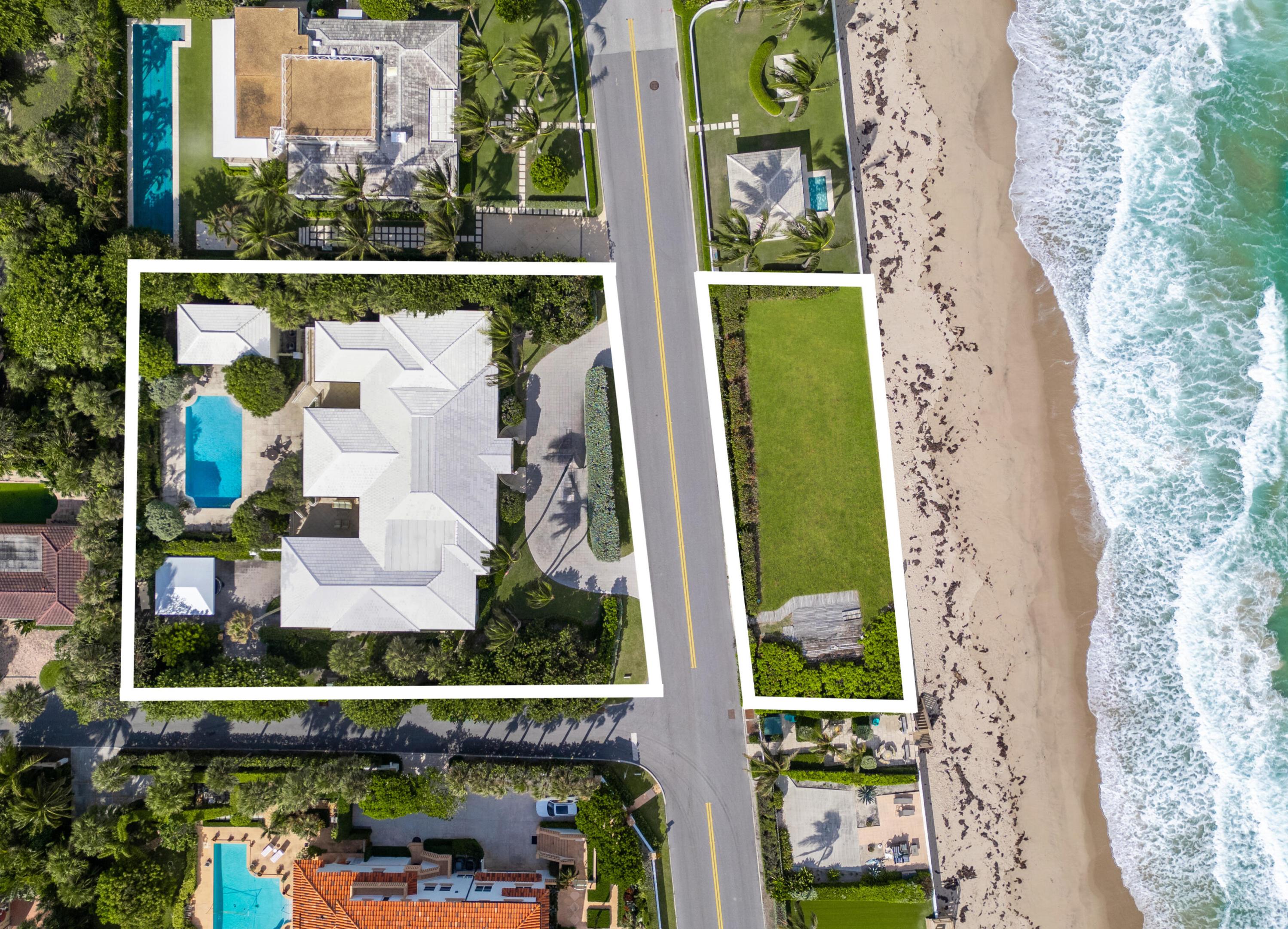 Aerial view of a pool home and outlined oceanfront parcel beside the beach.