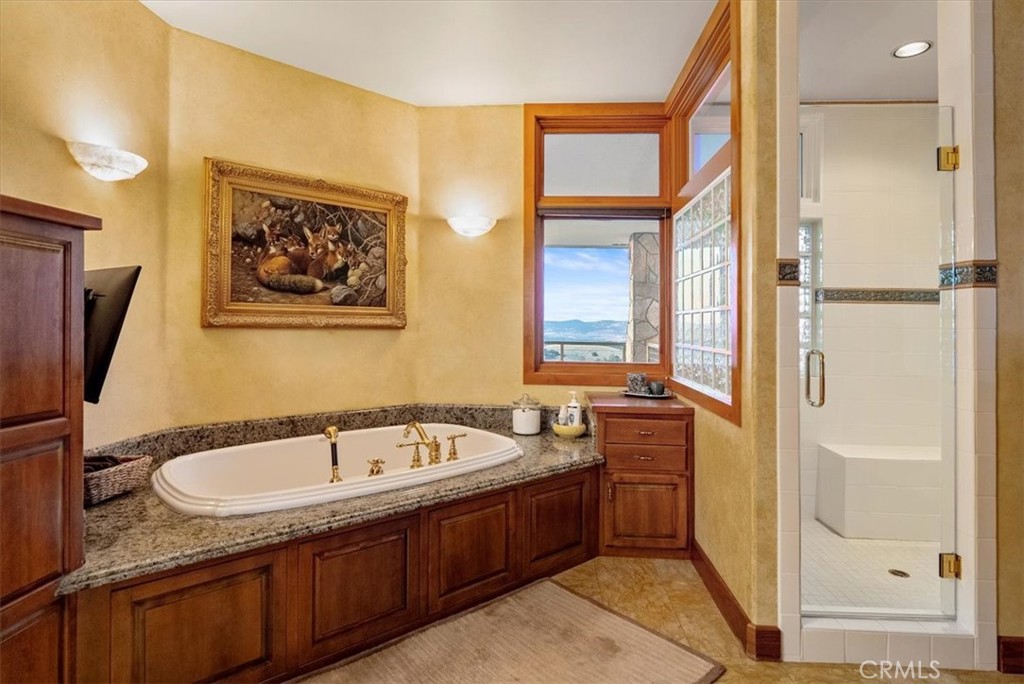 Bathroom with a built-in soaking tub, granite counter, wood cabinetry, and glass-enclosed shower.