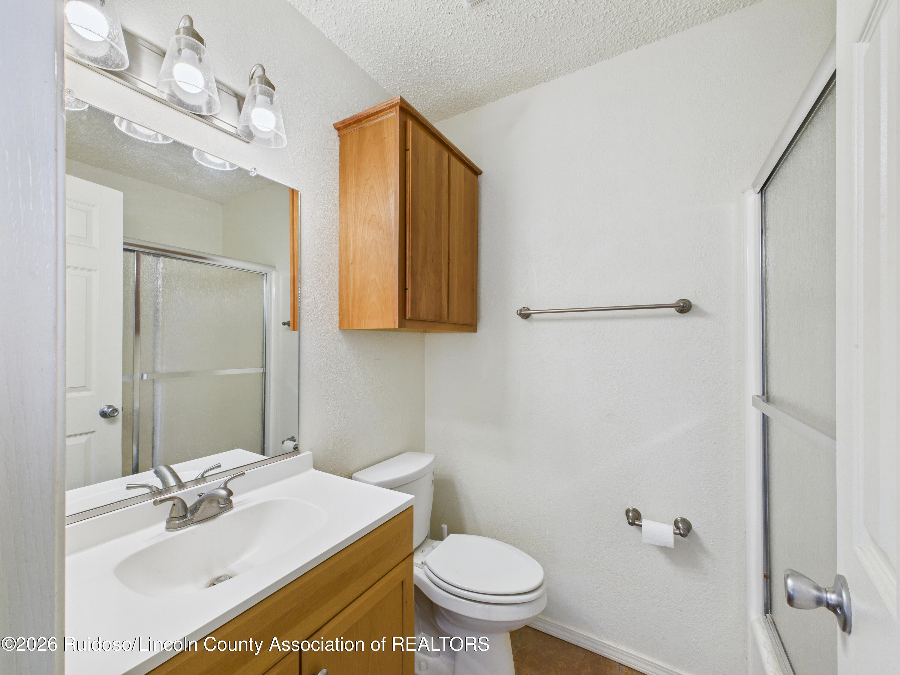 Bathroom with a wood vanity, large mirror, toilet, and frosted-glass shower.