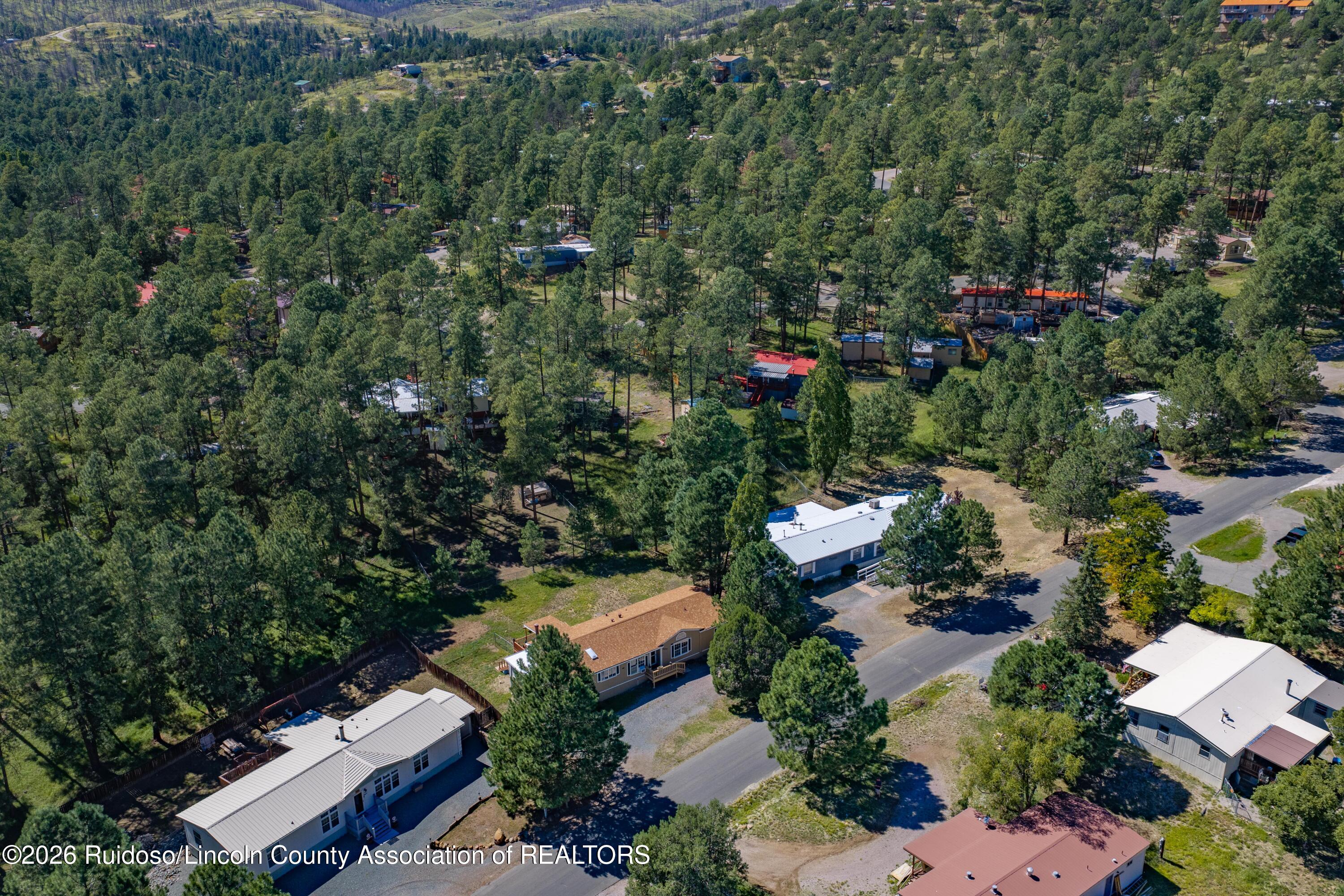 Aerial view of homes among pine trees, with a tan-roofed house near the foreground.