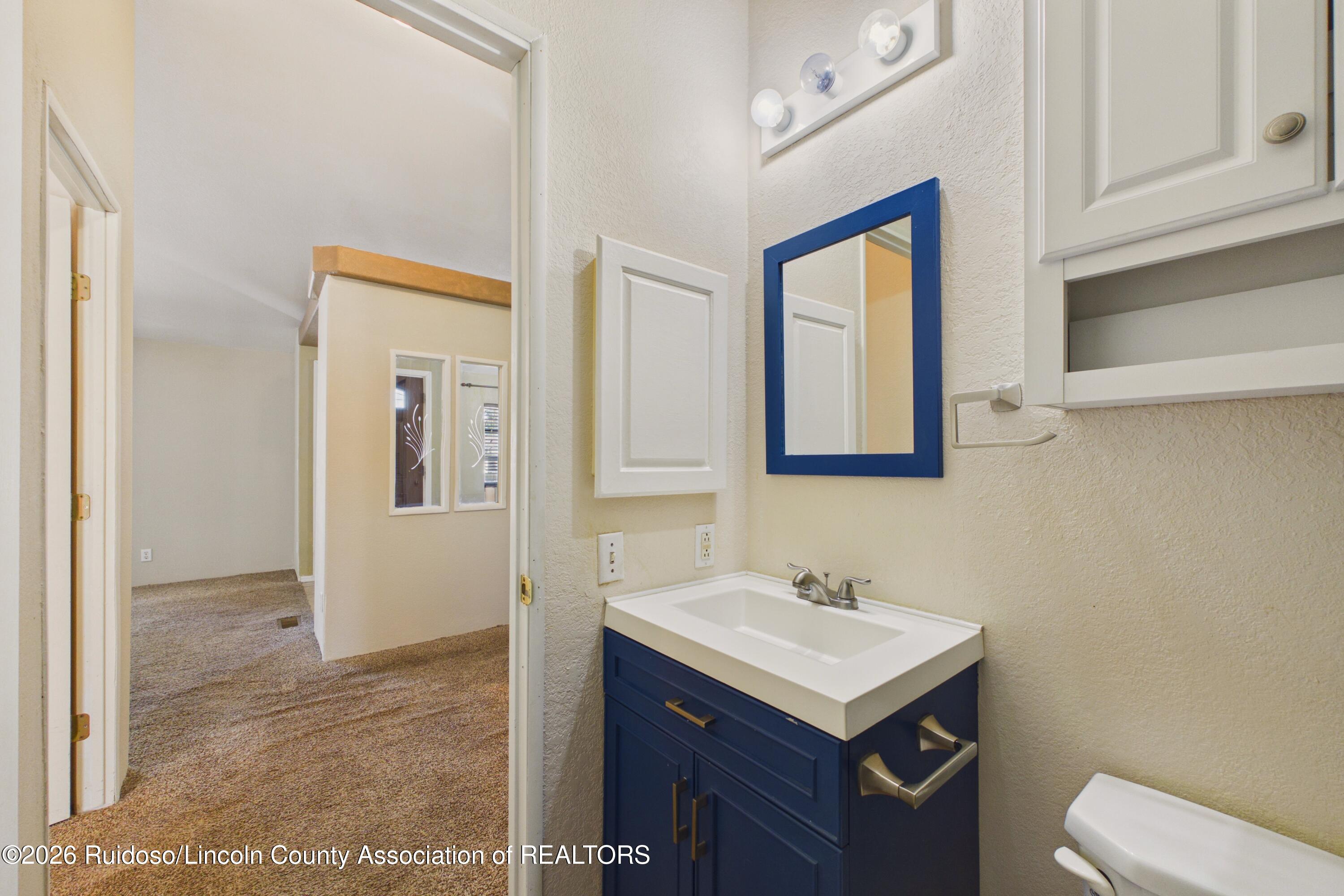 Bathroom with a navy-blue vanity and blue-framed mirror opening onto a carpeted hallway.