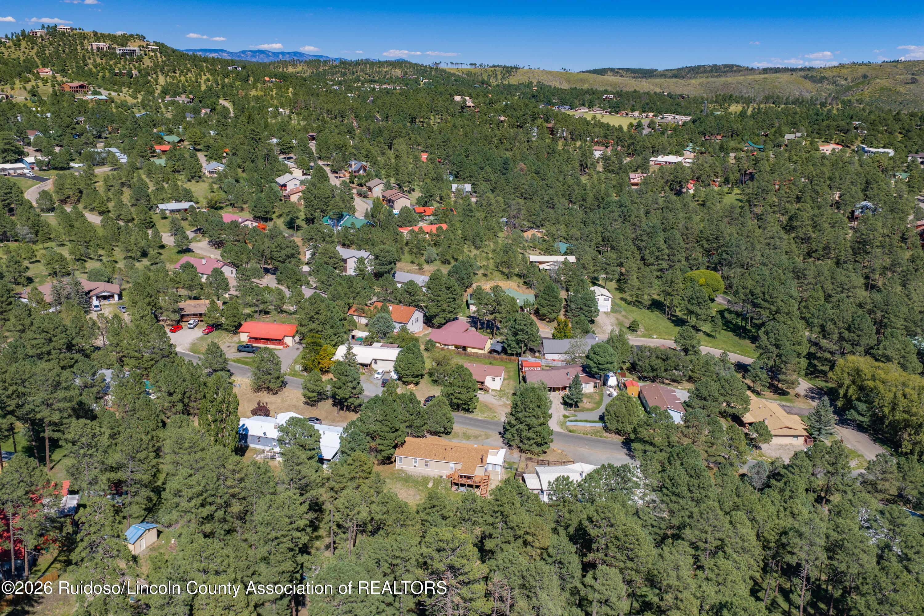 Aerial view of homes among pine trees, with distant mountain ridges.