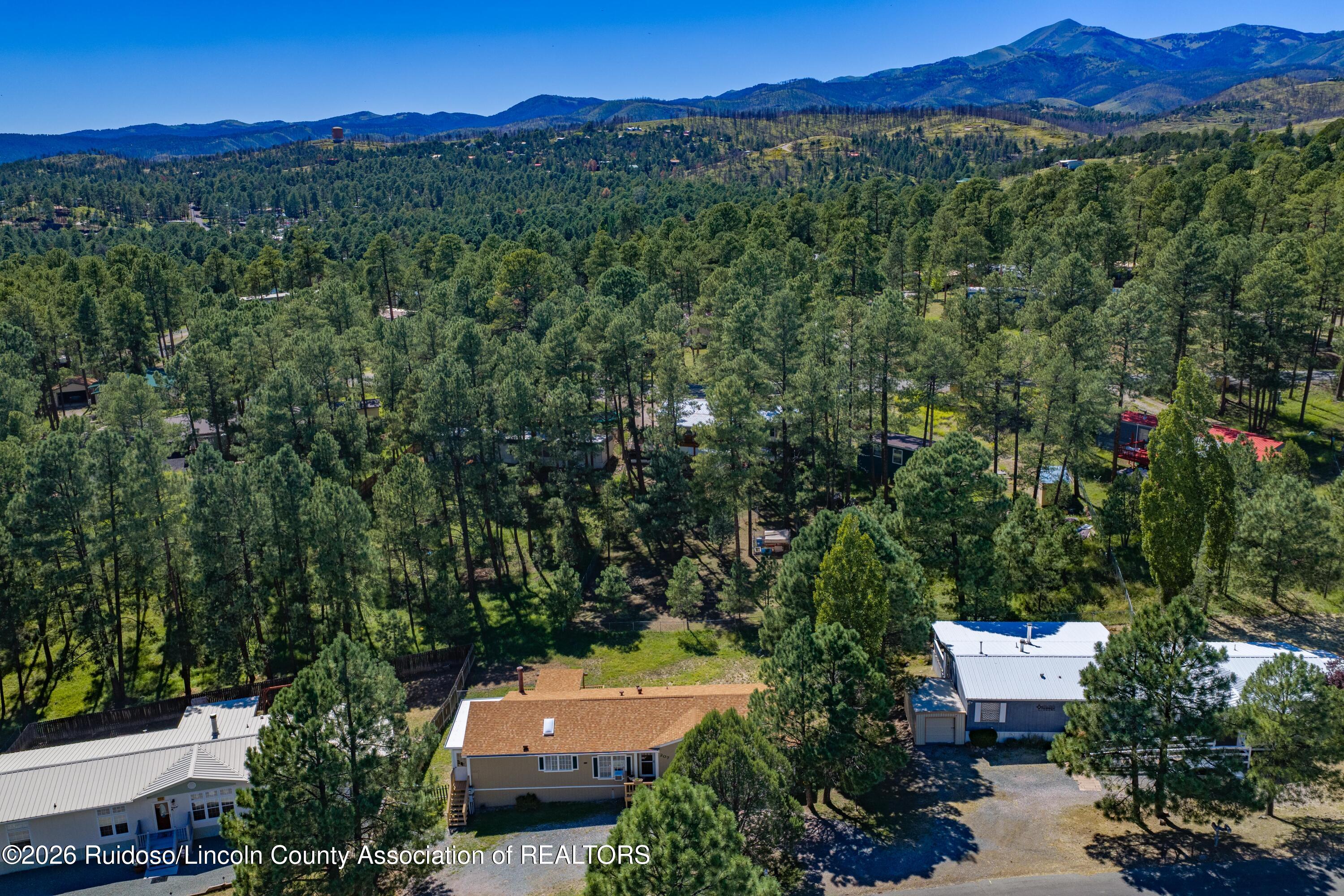 Aerial view of a home surrounded by pine trees, with forested mountains in the distance.