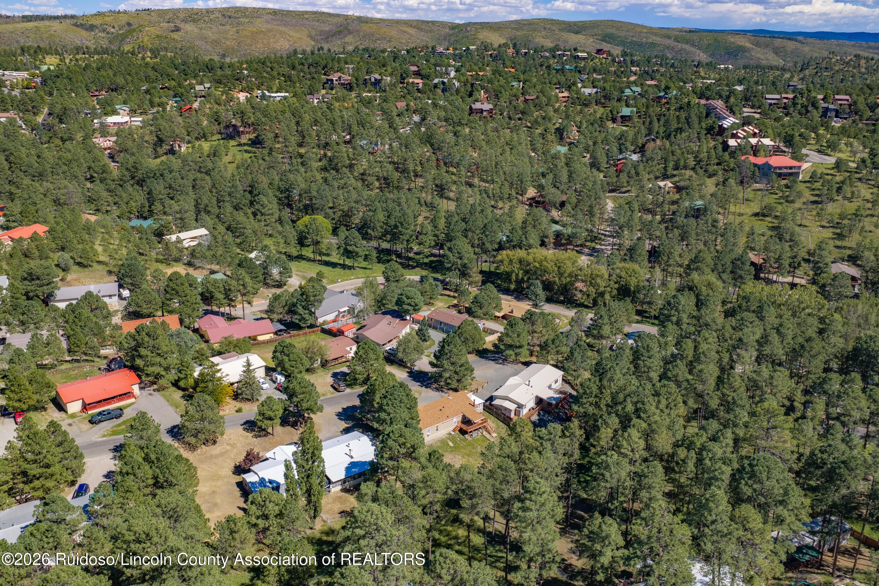 Aerial view of homes scattered among pine trees, with rolling hills in the distance.