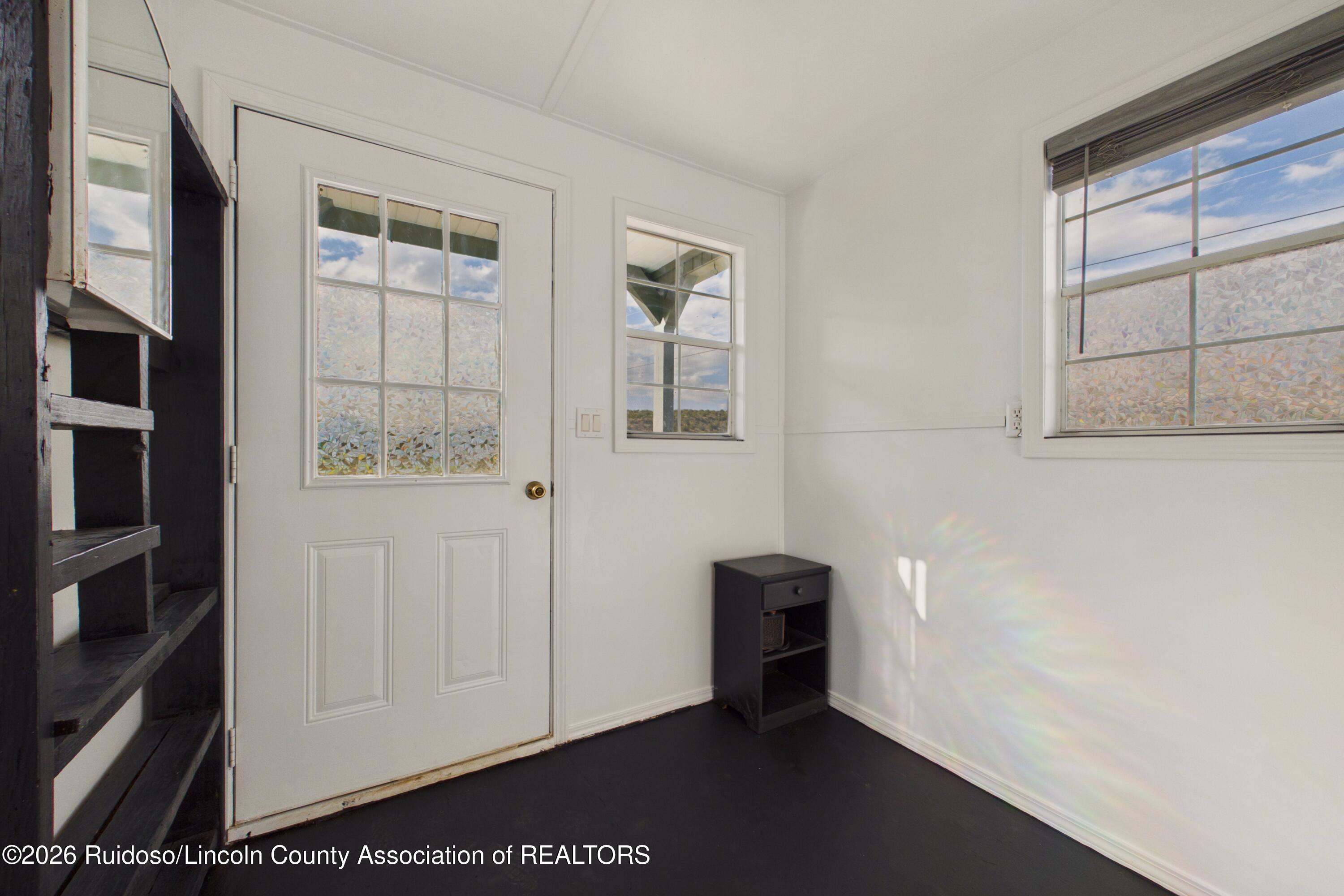 Bright entry room with a white multi-pane door, two windows, and dark built-in shelving.