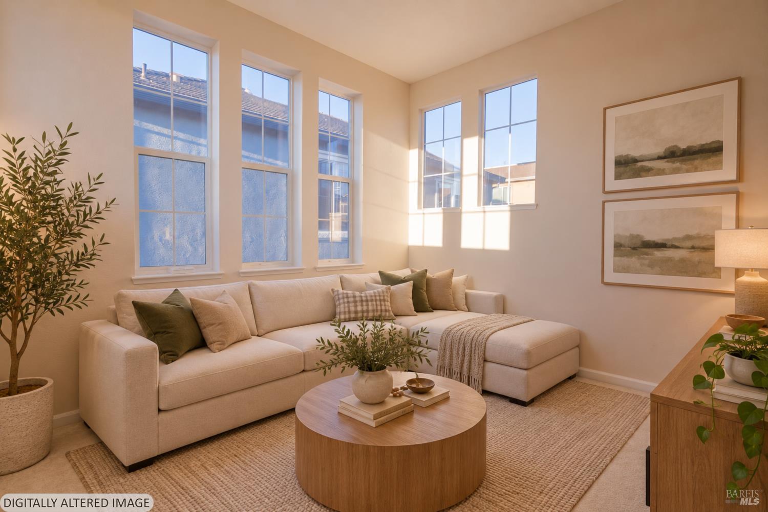 Staged living room with a cream sectional sofa, round coffee table, and tall sunlit windows.