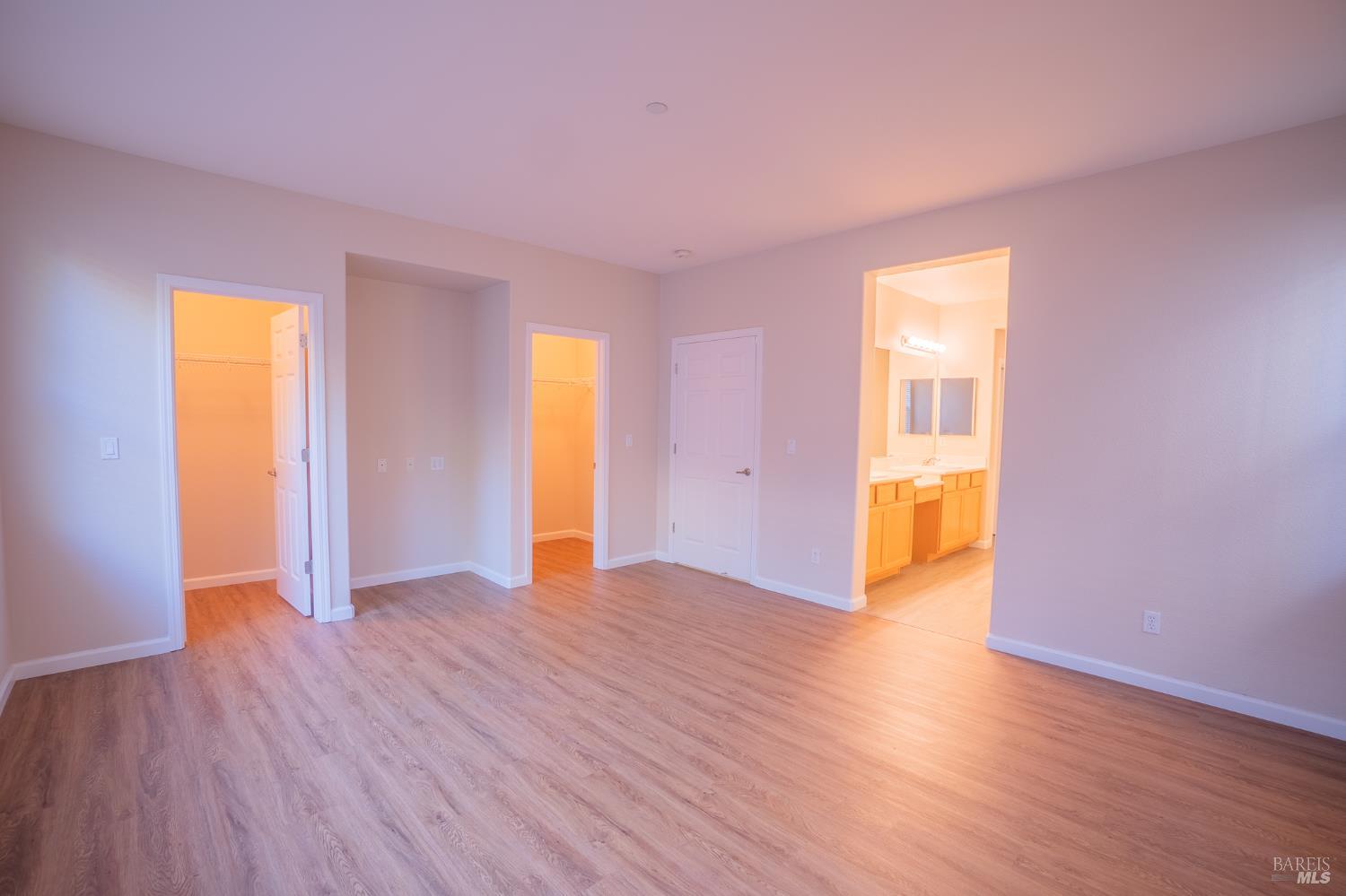 Empty bedroom with wood-look flooring, two closets, and an adjoining bathroom vanity.