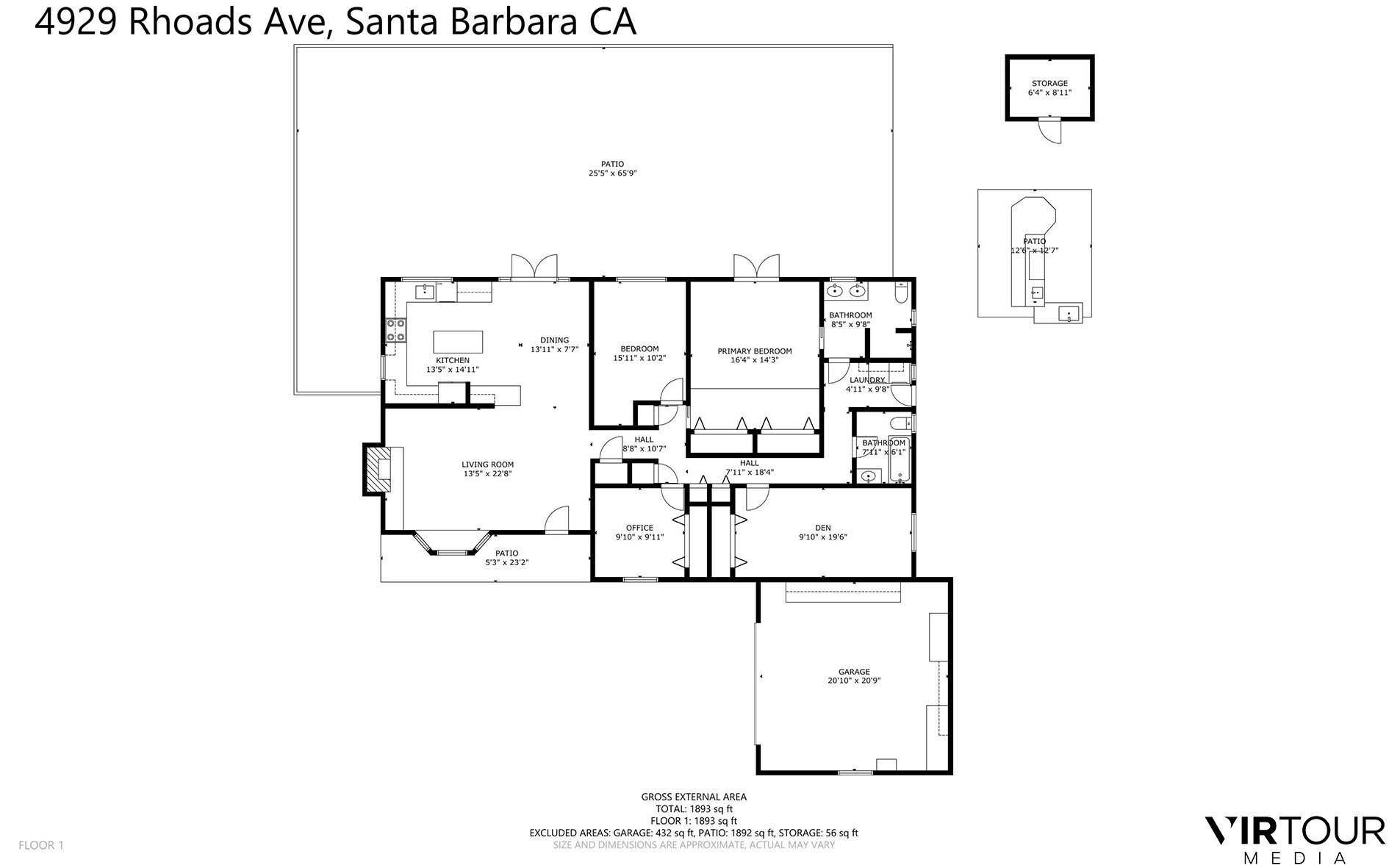 Floor plan for 4929 Rhoads Avenue, showing rooms, patios, garage, and storage.