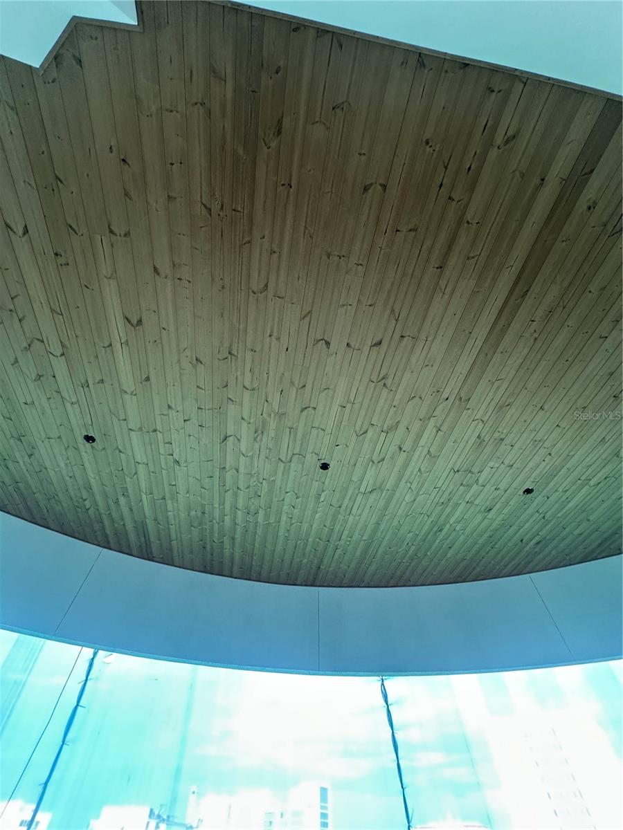 Curved wood-plank ceiling with recessed lights above curved floor-to-ceiling windows.