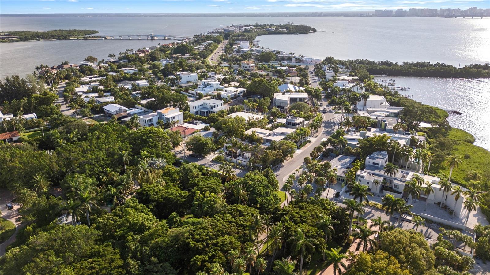 Aerial view of a Sarasota waterfront neighborhood with palm-lined streets, bay water, and a distant skyline.