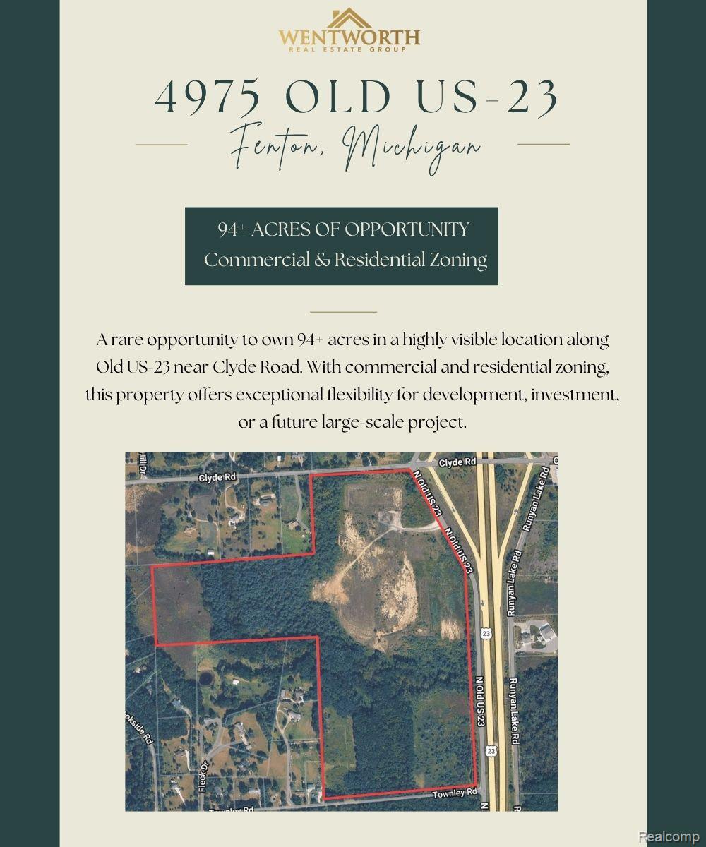 Flyer for 4975 Old US-23, advertising 94+ acres and showing the outlined property on an aerial map.