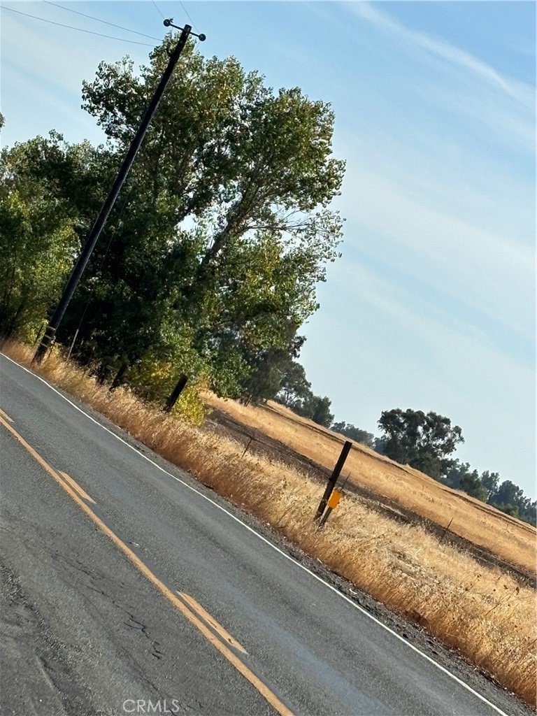 Vacant land beside a two-lane road, with dry grass, scattered trees, and utility poles.